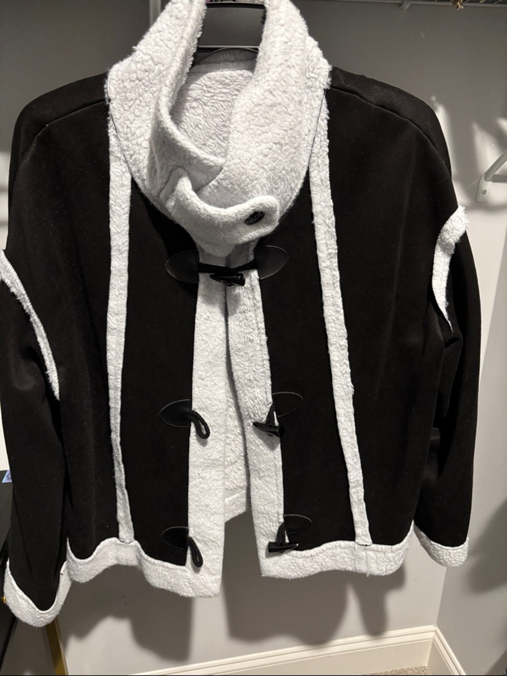 Black and White Faux Shearling Toggle Jacket